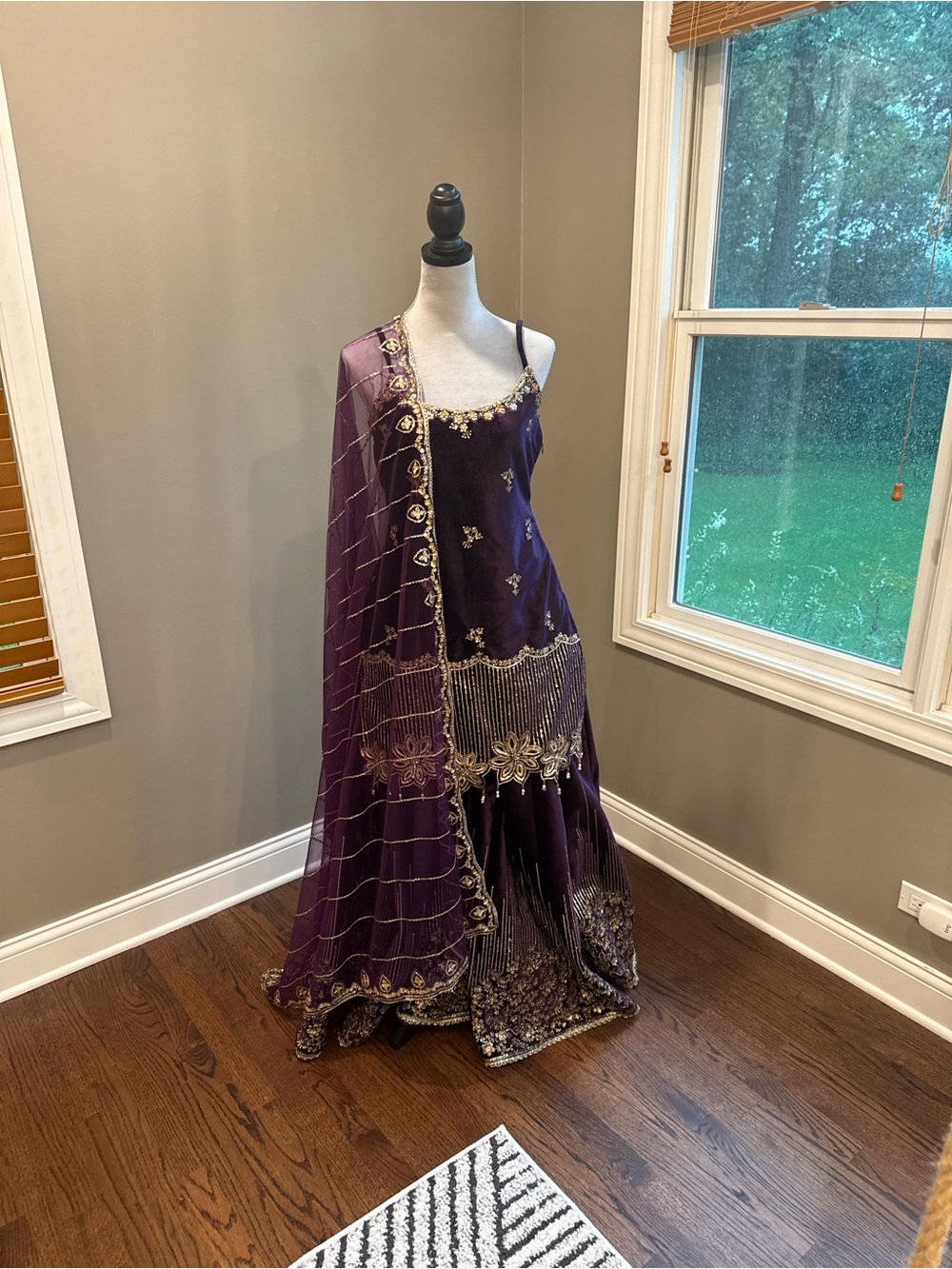 Elegant Purple Embellished Maxi Dress with Matching Scarf